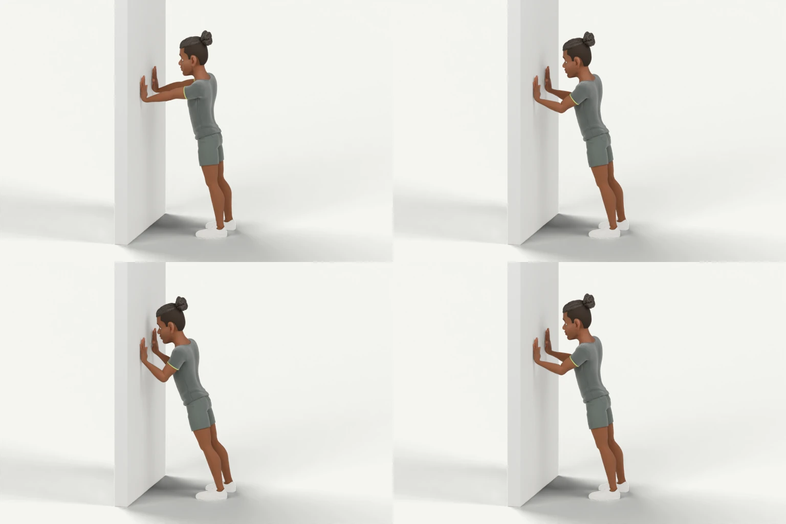 Wall push-up illustrated from standing away from the wall to bending the elbows towards it