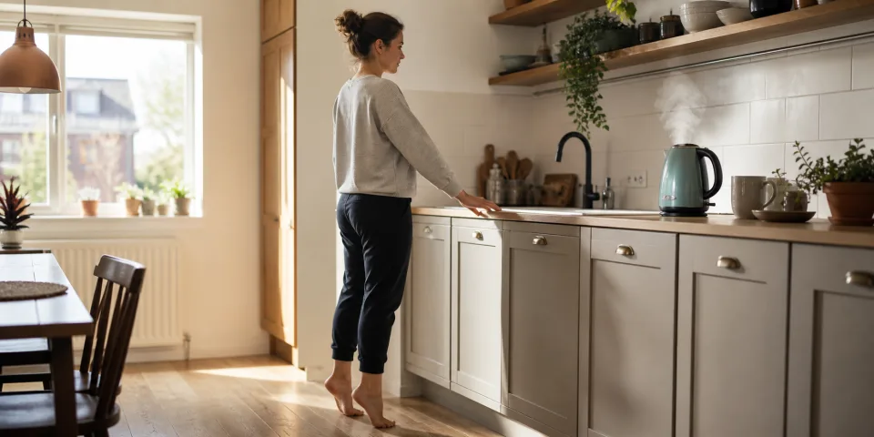 Calf raises at a kitchen counter while the kettle boils