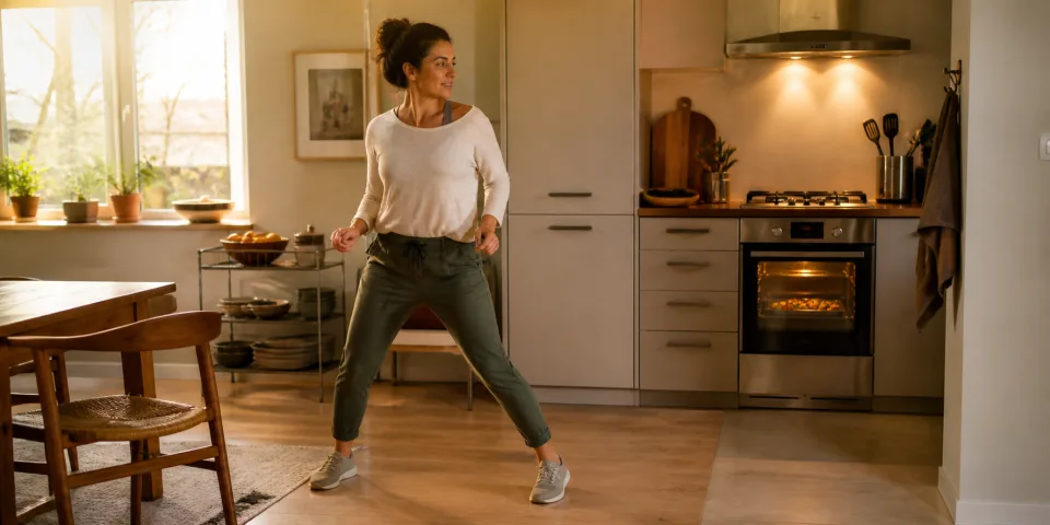 Standing side steps in a kitchen while dinner cooks